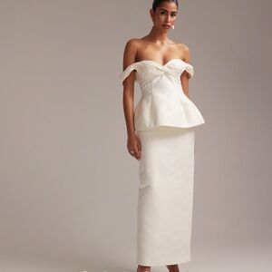ASOS DESIGN ruched off shoulder structured midaxi wedding dress in ivory